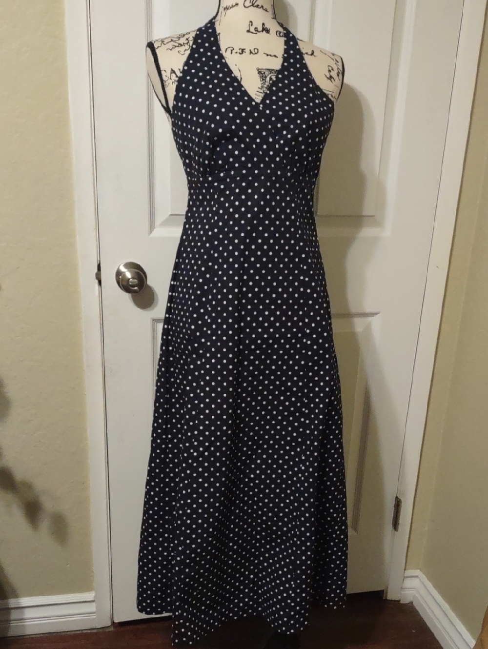 Lands' End Navy and White Polka Dot Halter Maxi Dress Size 6